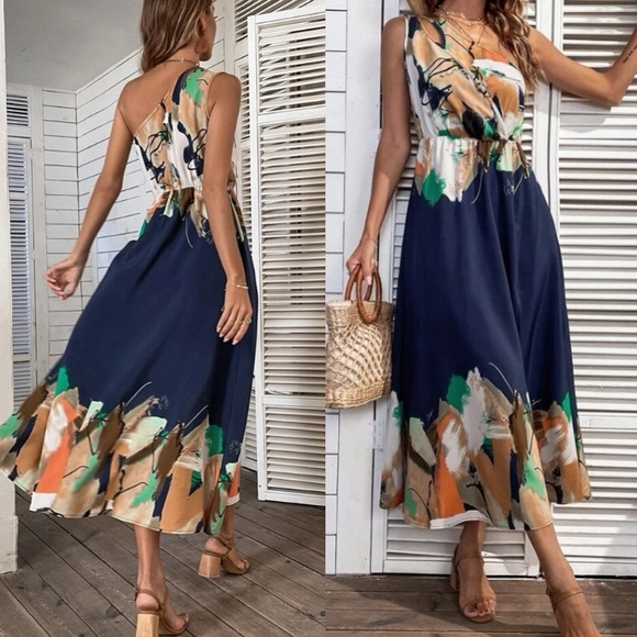 Boho floral tropical print one shoulder dress - Picture 2 of 6